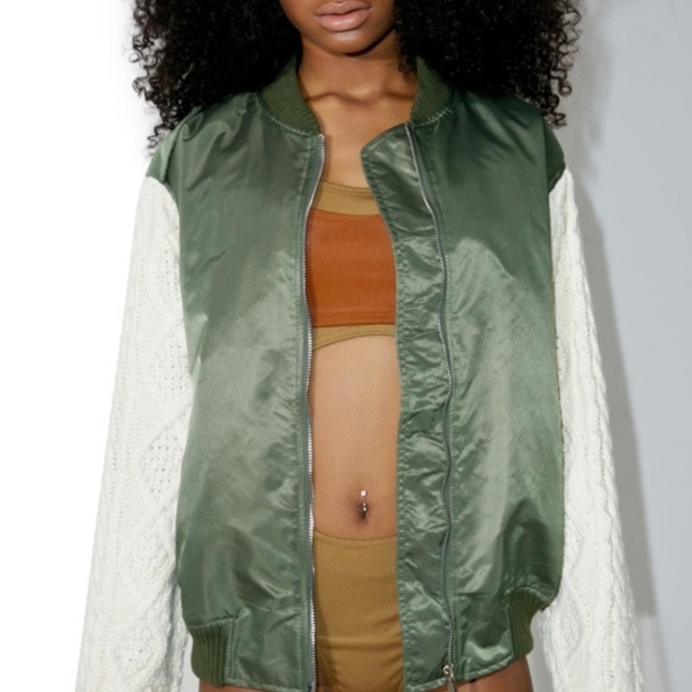 New $128 JOA Green Women's Boutique Bomber Jacket W/ Sweater Knit Sleeves S POL
